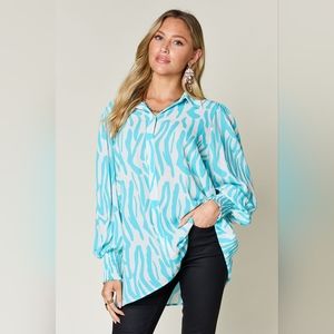 Double Take Full Size Printed Smocked Long Sleeve Blouse